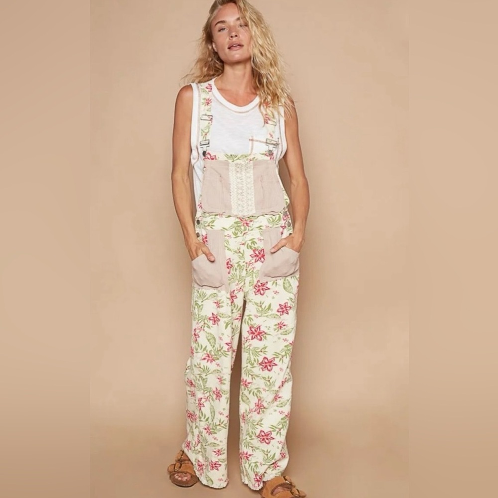 POL Floral Women Jeans Overalls - Cream and Pink